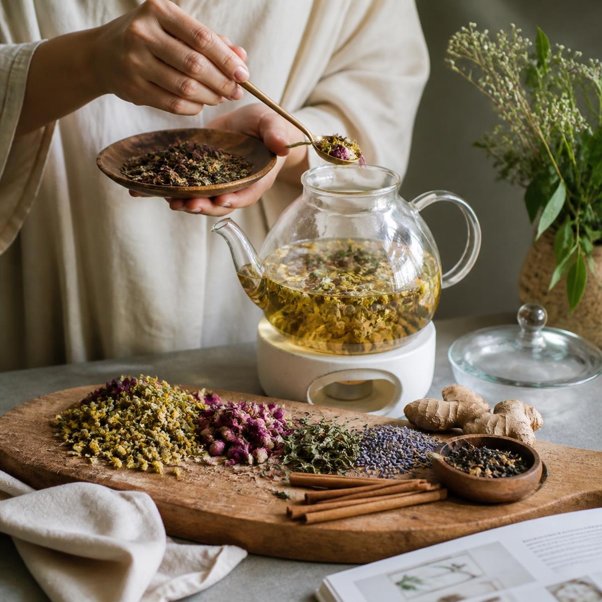 Herbs, spices, and a glass teapot arranged for a traditional tea ritual