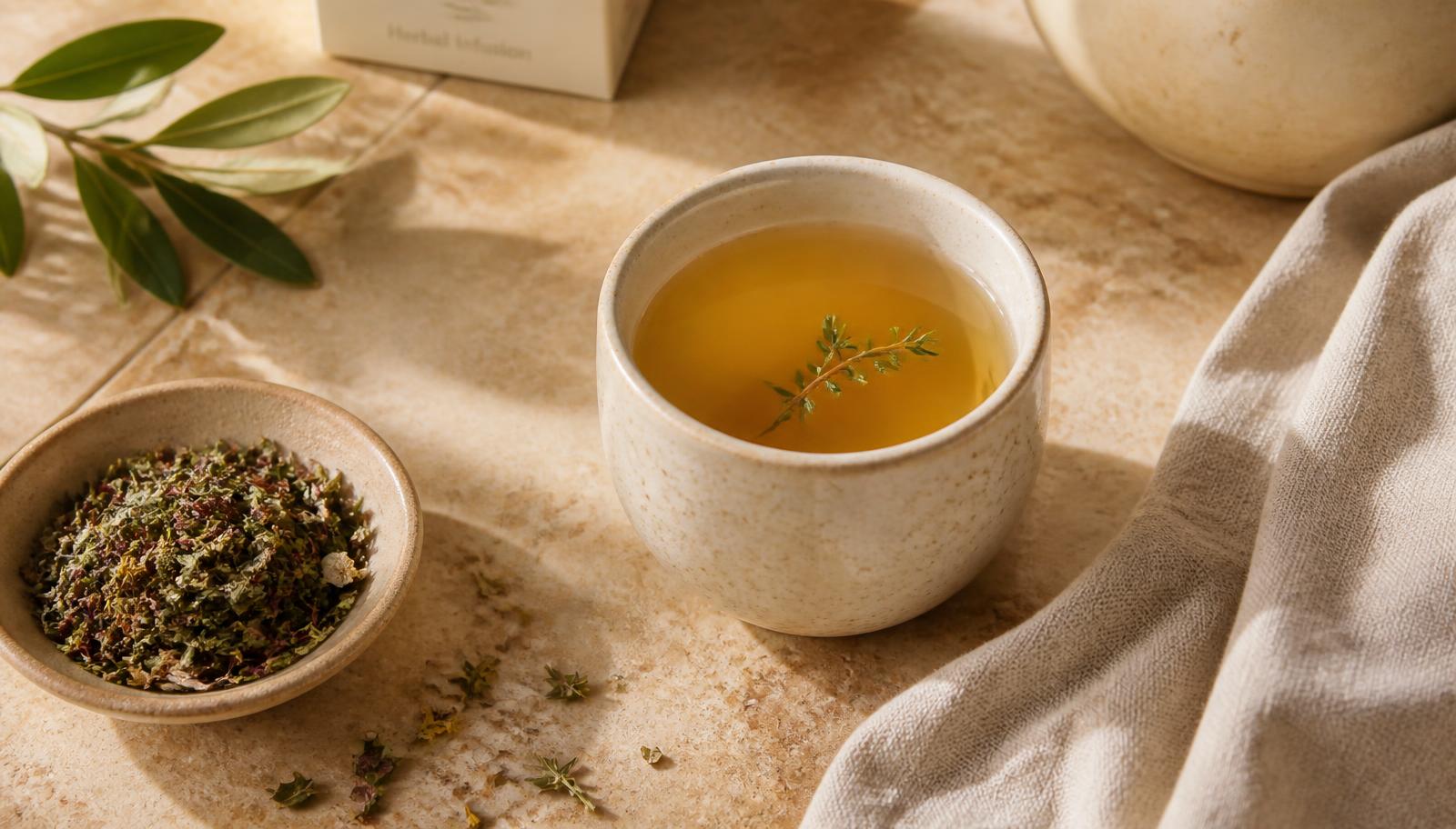 Herbal tea cup with natural herbs in warm morning light on a wooden surface